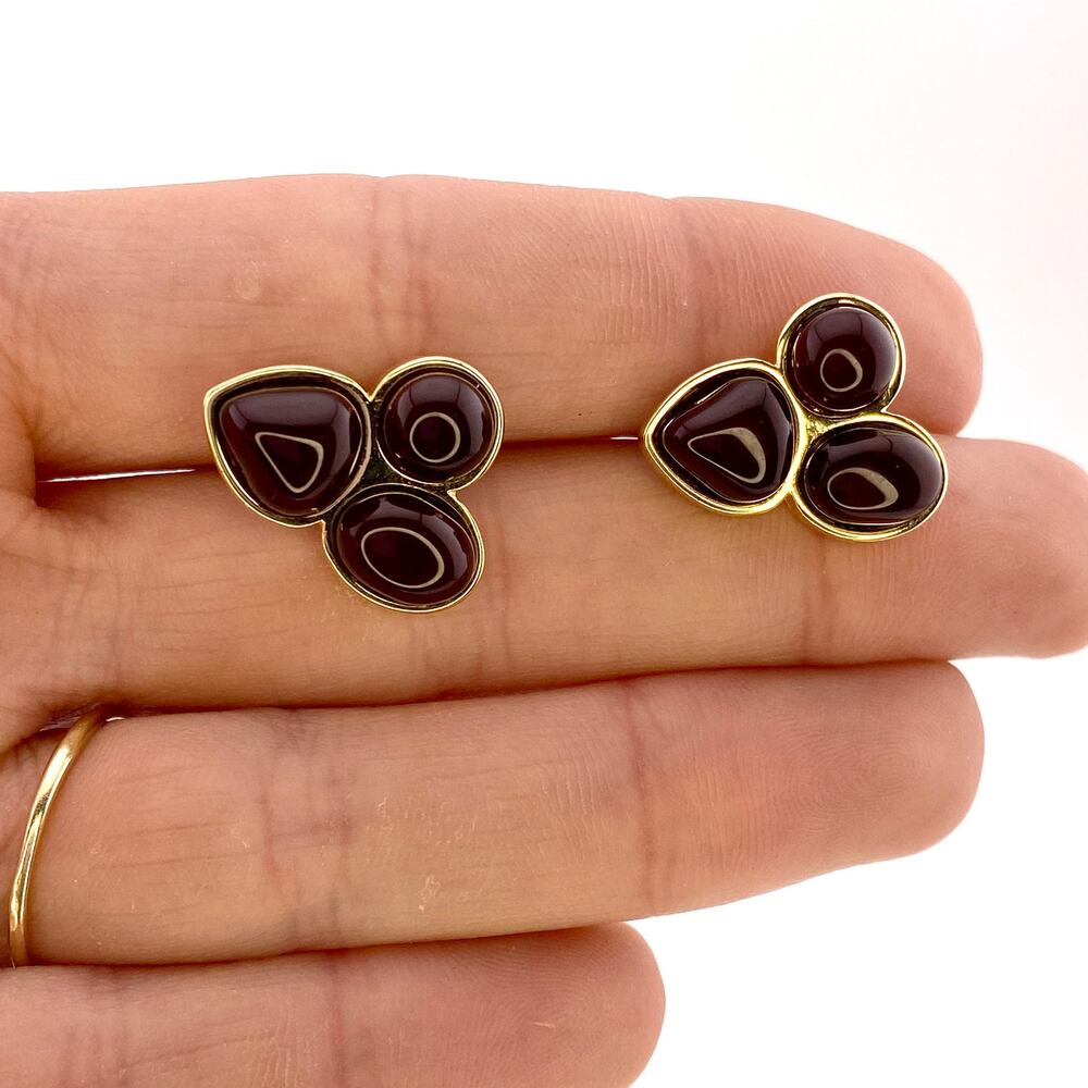 Red Agate 3 Stone 18k Gold Plated Stud Earrings